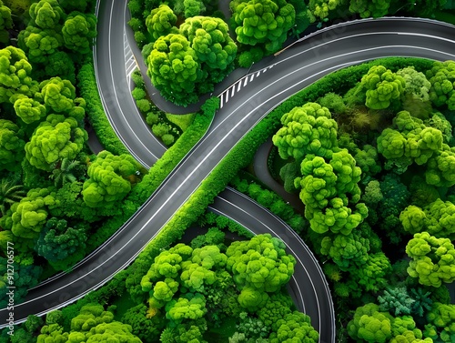 Winding Road Through Green Forest.