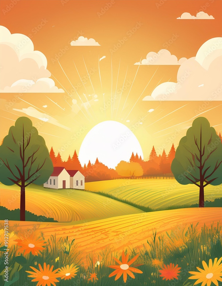 Fototapeta premium Autumn Landscape Background,Vector cartoon in Village Fall season forest tree with meadow flower and orange sunset sky,Illustration banner of farmland with cloud and sun over maintain