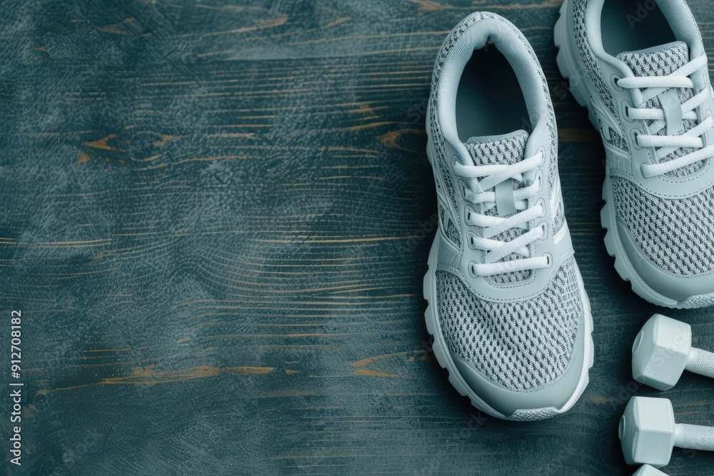 High-angle view of a running shoe next to fitness equipment, representing a holistic approach to athletic training, sports gear High-angle view of a running shoe next to fitness equipment, representing a holistic approach to athletic training, sports gear