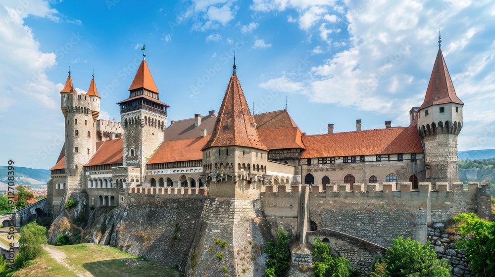 The castle stands proudly against the backdrop of rolling hills and a bright sky, showcasing its historical architecture The castle stands proudly against the backdrop of rolling hills and a bright sky, showcasing its historical architecture