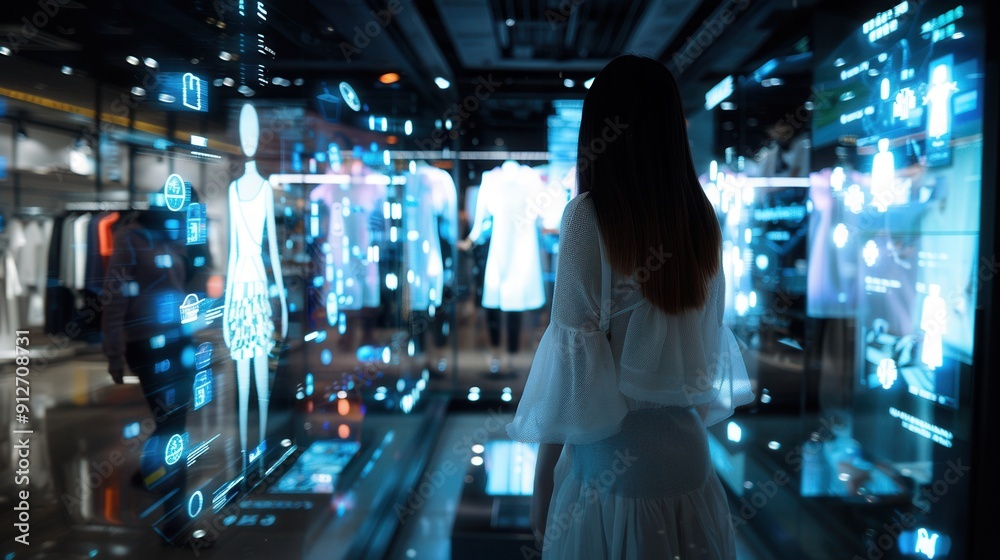 Female shopping in virtual reality world. Futuristic shopping concept. Female shopping in virtual reality world. Futuristic shopping concept.