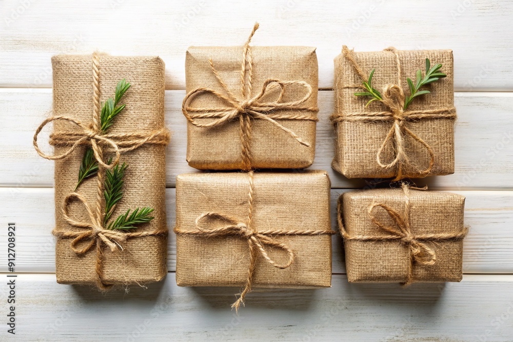 Rustic elegance unfolds in a charming flat lay of gift boxes wrapped in burlap and twine, arranged beautifully on a crisp white background. Rustic elegance unfolds in a charming flat lay of gift boxes wrapped in burlap and twine, arranged beautifully on a crisp white background.