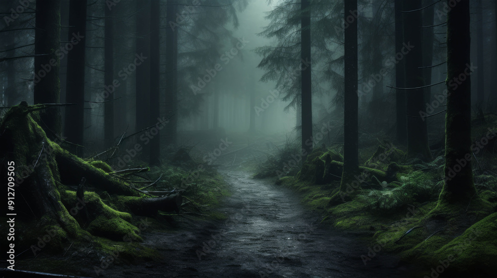 Mystical and Enchanted Forest A Foggy Landscape with Towering Trees and Mossy Ground Creating a Magical Atmosphere Mystical and Enchanted Forest A Foggy Landscape with Towering Trees and Mossy Ground Creating a Magical Atmosphere