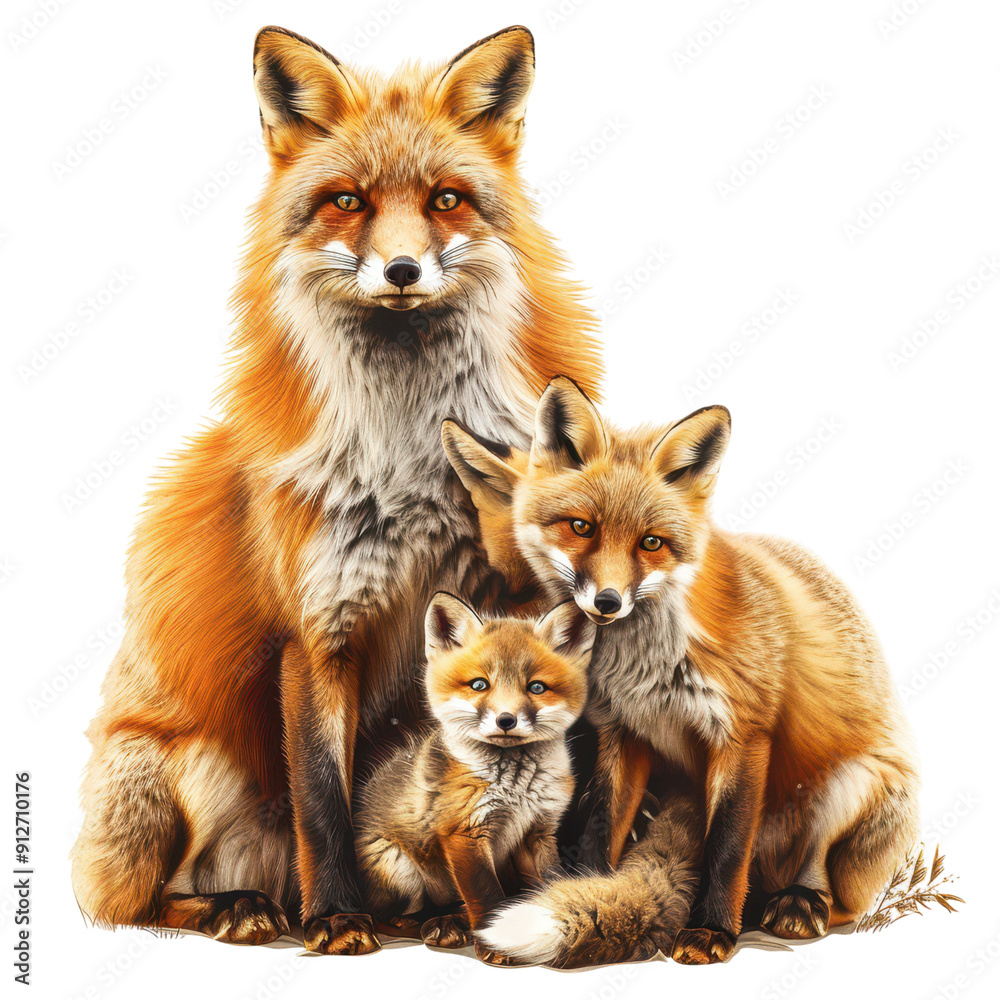 a family of foxes, woodland creatures, realistic illustration, isolated on transparent background a family of foxes, woodland creatures, realistic illustration, isolated on transparent background