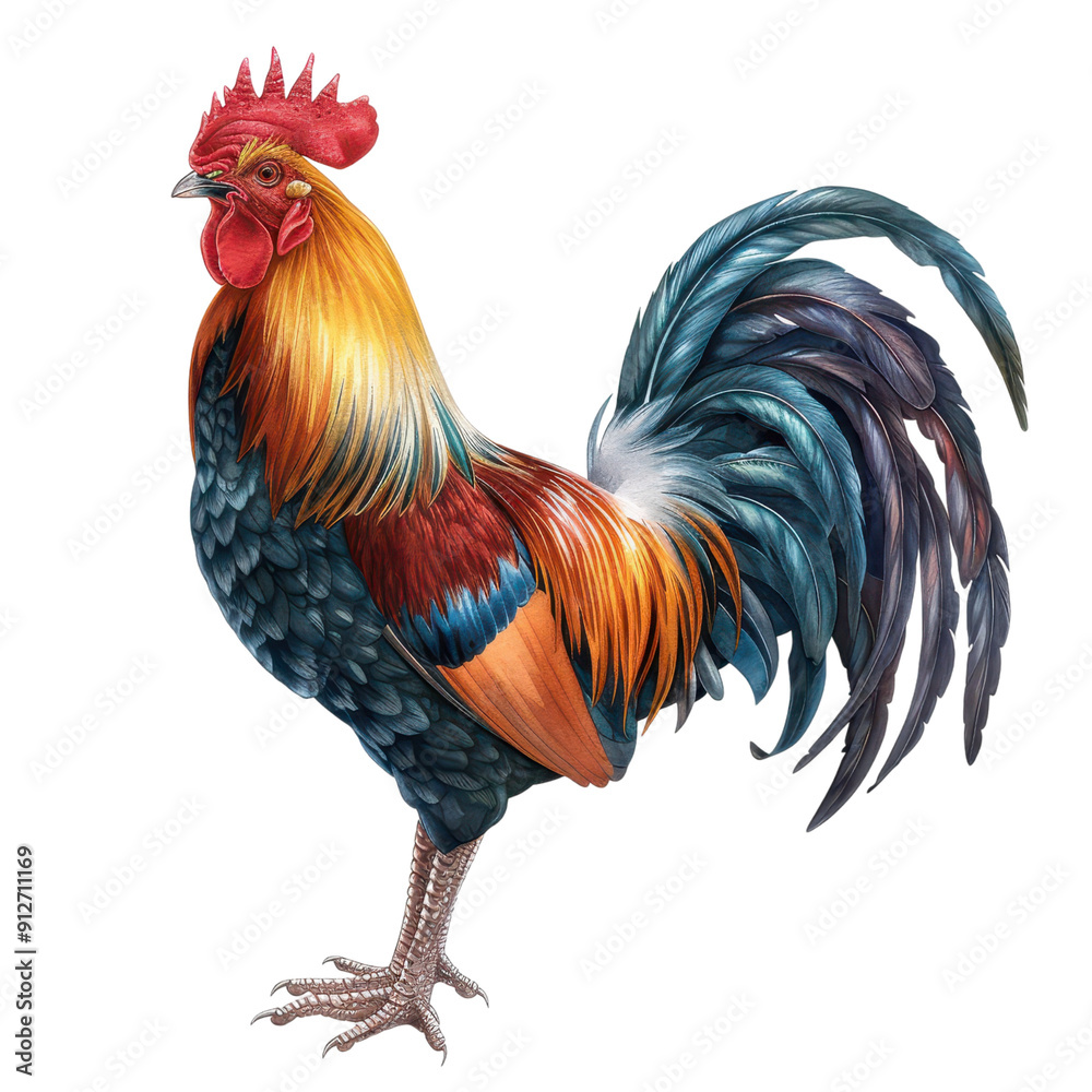 Fototapeta premium A rooster perched, farm animal, realistic illustration, isolated on transparent background