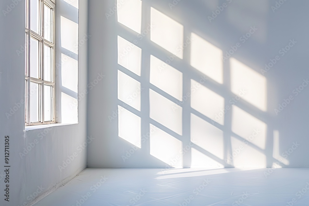 Minimalistic interior with light shadows on white wall from wind