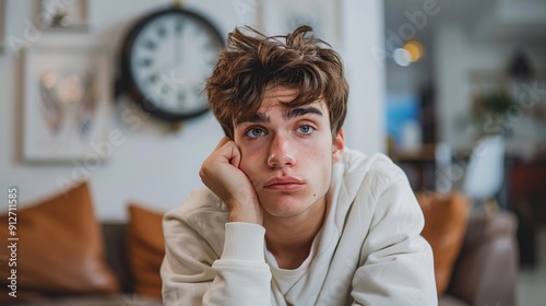 Young Man Resting His Head on His Hand, Bored Expression