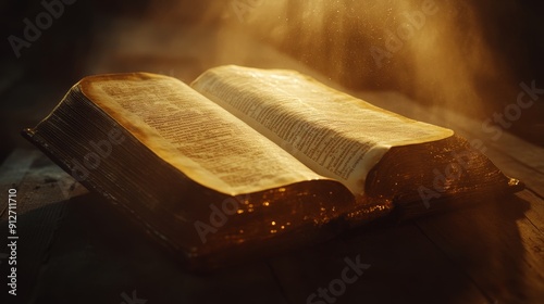 Ancient Book Illuminated by Divine Light - An open, aged book rests on a wooden surface, illuminated by a warm, ethereal glow symbolizing wisdom, knowledge, faith, and the power of the written word. photo