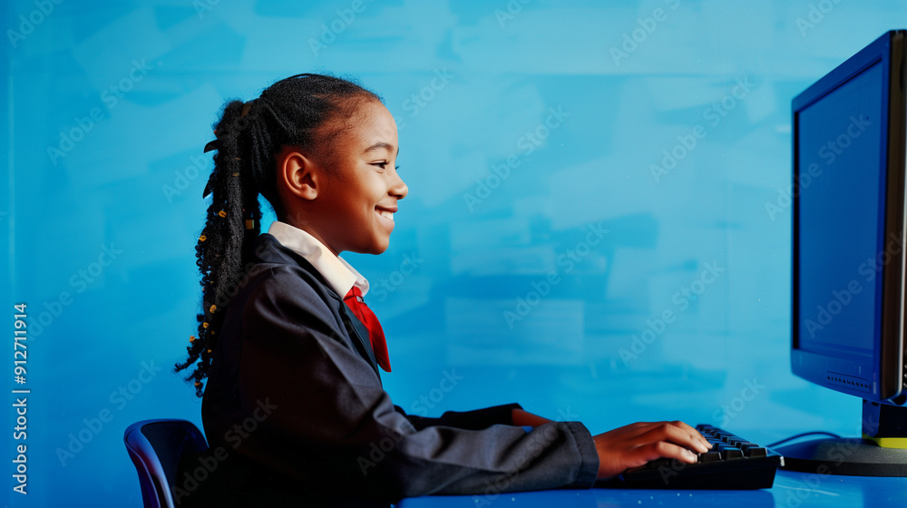 side profile of a black school student studying IT at computer learning ...
