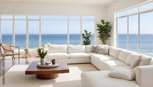 A bright and airy living room with a large window overlooking the ocean. The room features a white sectional sofa, a wooden coffee table, and a potted plant on the table.