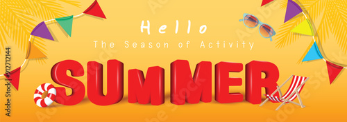 3d refreshing Colorful Summer sale promotion banner with summer tropical beach vibes decoration background