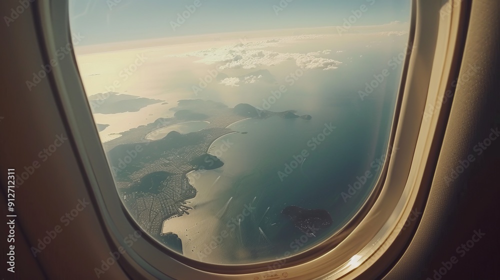 Island coastline and ocean view from airplane window Island coastline and ocean view from airplane window