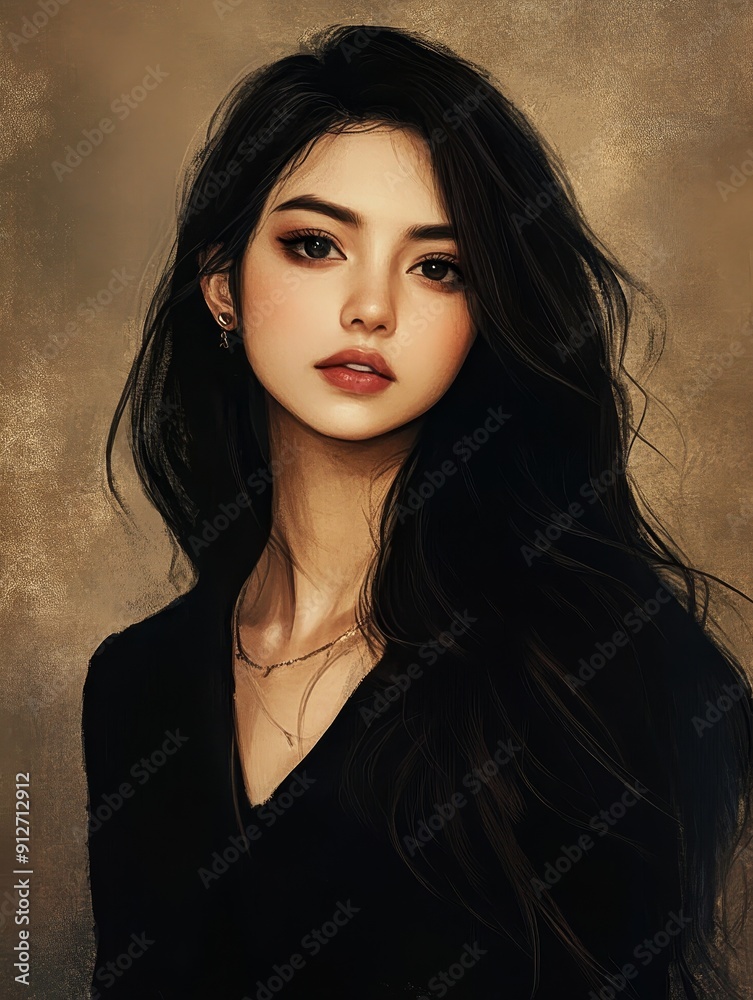 Beautiful Asian Woman with Long Black Hair and Gold Necklace - This ...