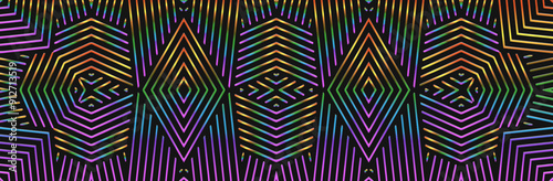 Banner, cover design. Embossed geometric ethnic shiny boho 3D pattern on a black background made of lines. Gold ornaments, arabesques, handmade. Exotic motifs of the East, Asia, India, Mexico, Aztec, 