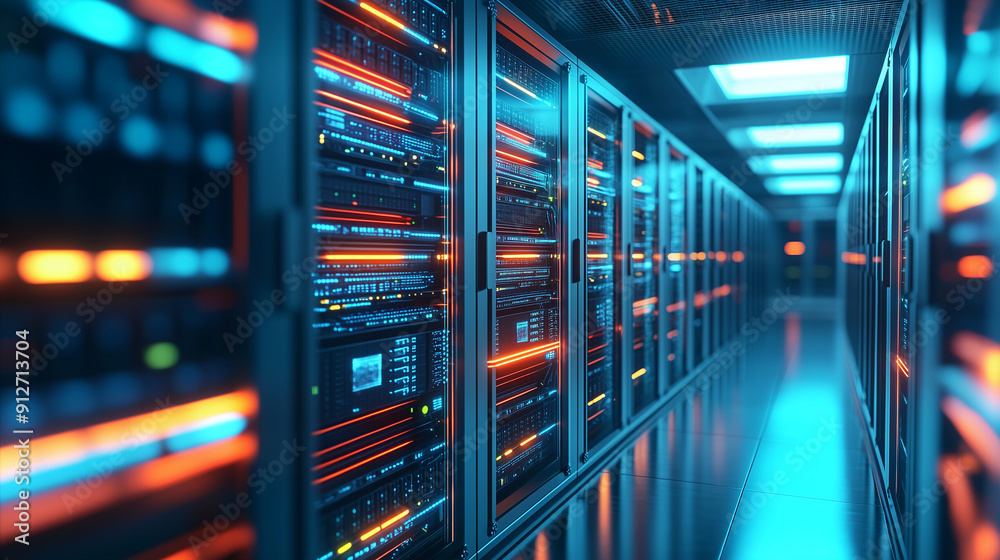 A close up 3D render of rows of server suits in a futuristic data center interior, highlighting the concept of cyber security technology and cloud computing. This abstract digital background showcases