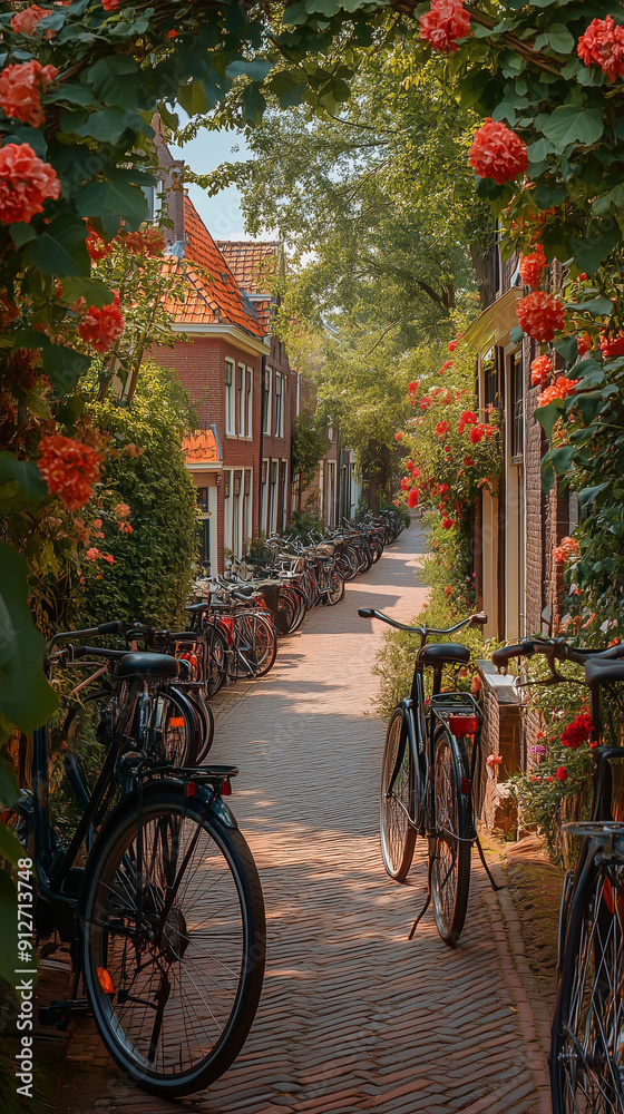 Fototapeta premium bicycle, bike, strasse, stadt, alt, amsterdam, bauwerk, europa, pueblo, architektur, haus, städtisch, rad fahren, jahrgang, holland, beförderung, anreisen, wand, kanal, bicycle, italien, college