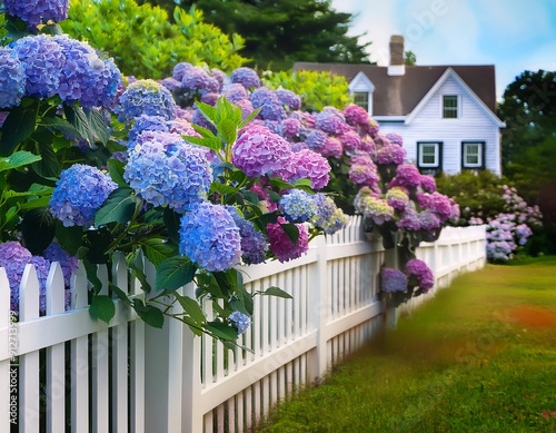 Purple and blue hydrangea flowers growing through a white picket fence. Cape Cod Cottage gar photo