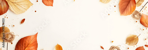 Elegant autumn banner with copy space for text, golden leaves, subtle twine decorations, clean light background. Autumn banner, card, background