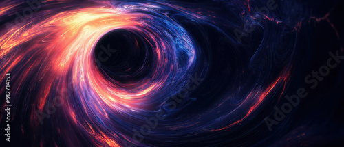 A surreal depiction of a black hole, showcasing vibrant colors and swirling light patterns in a cosmic background. photo