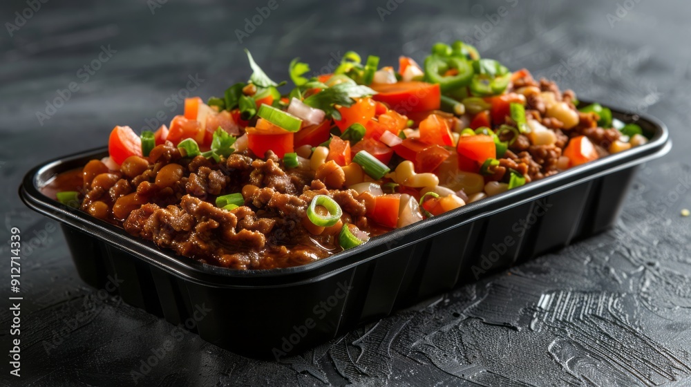 black plastic rectangular container with taco sauce, side view, food photography, delicious, studio shot, shadows from the sun, zoom out, copy space black plastic rectangular container with taco sauce, side view, food photography, delicious, studio shot, shadows from the sun, zoom out, copy space