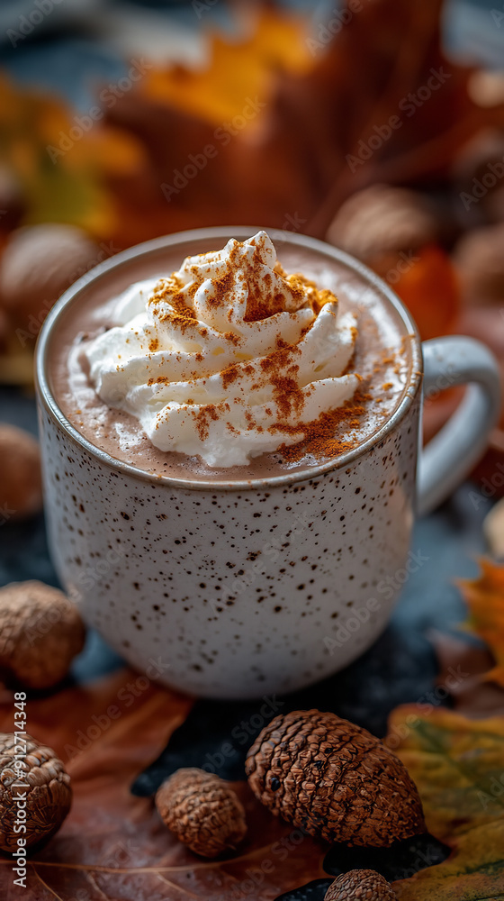 Hot Chocolate with Whipped Cream and Nutmeg in Autumn Ambience Hot Chocolate with Whipped Cream and Nutmeg in Autumn Ambience