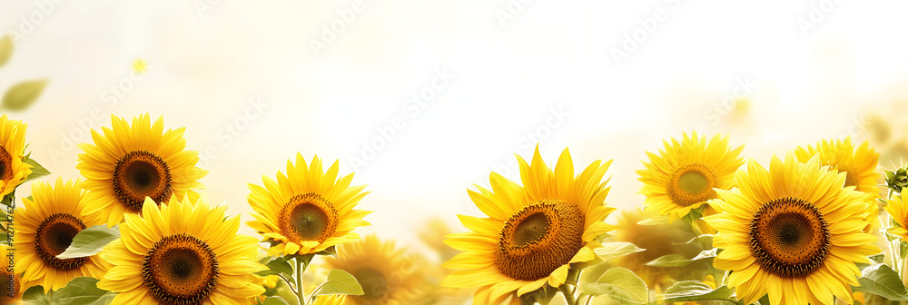Fototapeta premium Elegant summer holiday banner with copy space for text, golden sunflowers and clear sky, clean white background. Summer holiday banner, card, background