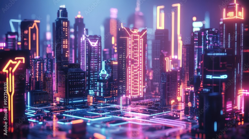 Neon-lit circuit boards creating a cityscape Neon-lit circuit boards creating a cityscape