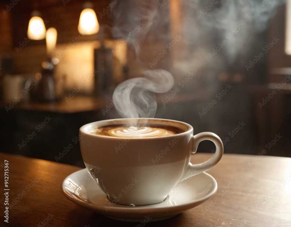 Steaming coffee on a table in a stylish cafe Steaming coffee on a table in a stylish cafe