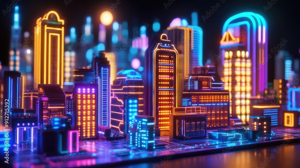 Fototapeta premium Neon-lit circuit boards creating a cityscape