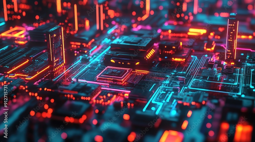 Neon-lit circuit boards creating a cityscape Neon-lit circuit boards creating a cityscape