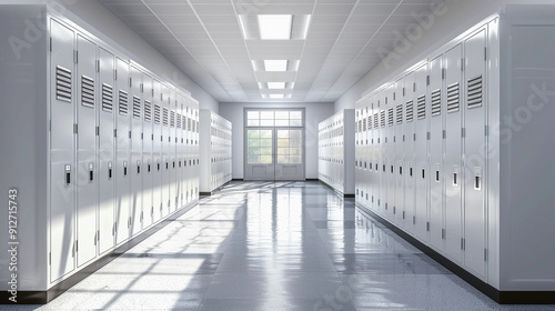 New white school lockers hallway clean minimal modern educational institution interior student storage advertising education news university sports team room play fun minimal campus sleek uni dorm 