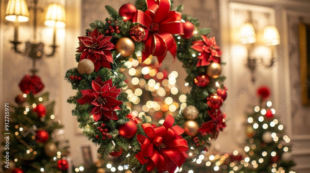Fototapeta premium Elegant christmas wreath for festive holiday decoration, perfect for seasonal door decor