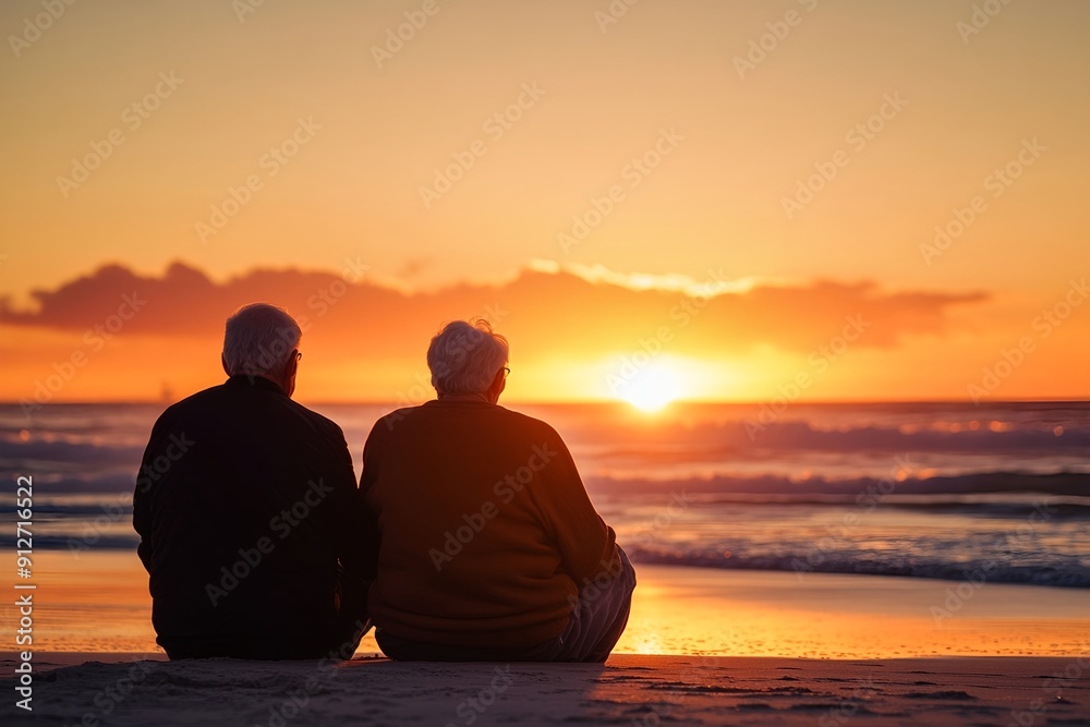 Älteres Paar genießt gemeinsam den Sonnenuntergang am Strand Älteres Paar genießt gemeinsam den Sonnenuntergang am Strand
