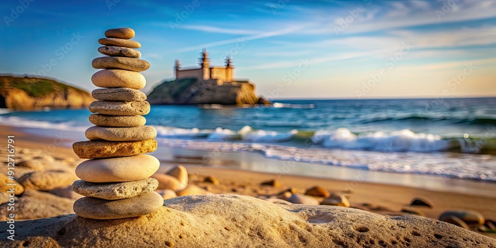 Stone tower overlooking beach with blurred background, beach, stone ...