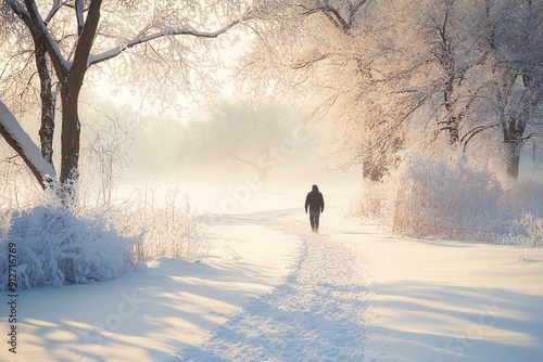 Person geht auf verschneiter Straße bei Nebel photo