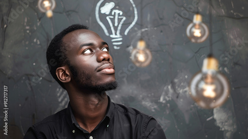 Ideas escape from brain of pensive African man.