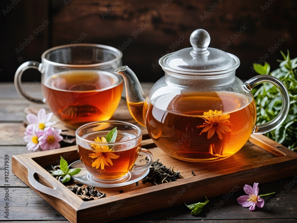 Freshly brewed tea in a glass teapot with a transparent cup, set on a wooden tray with loose tea leaves and flowers Freshly brewed tea in a glass teapot with a transparent cup, set on a wooden tray with loose tea leaves and flowers