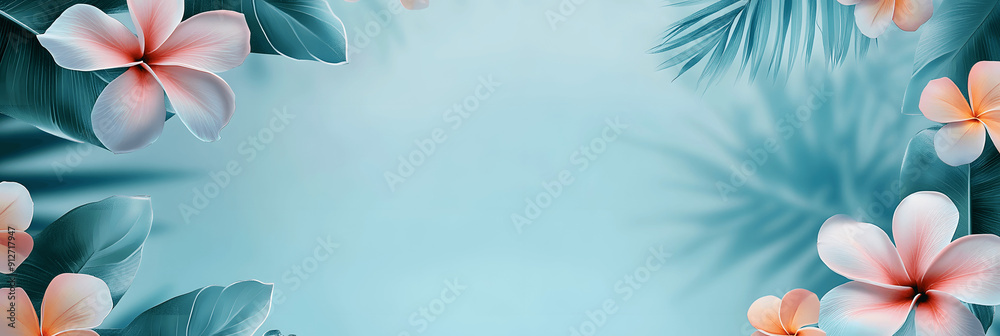 Summer banner with watercolor tropical flowers, light blue background, space for text Summer banner with watercolor tropical flowers, light blue background, space for text