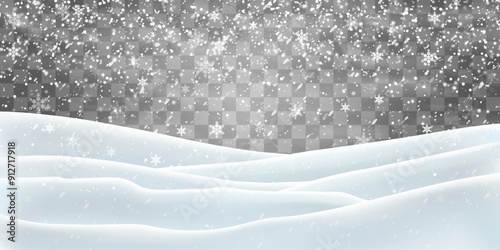 Vector heavy snowfall with snowbanks field. Christmas vector illustration. Snow flakes, snow and blizzard falling on snowdrifts. Snow landscape decoration, frozen hills isolated on png background
