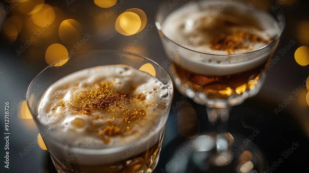 Elegant cocktail glasses filled with golden liquid and frothy foam, surrounded by blurred festive lights, creating a warm atmosphere. Elegant cocktail glasses filled with golden liquid and frothy foam, surrounded by blurred festive lights, creating a warm atmosphere.