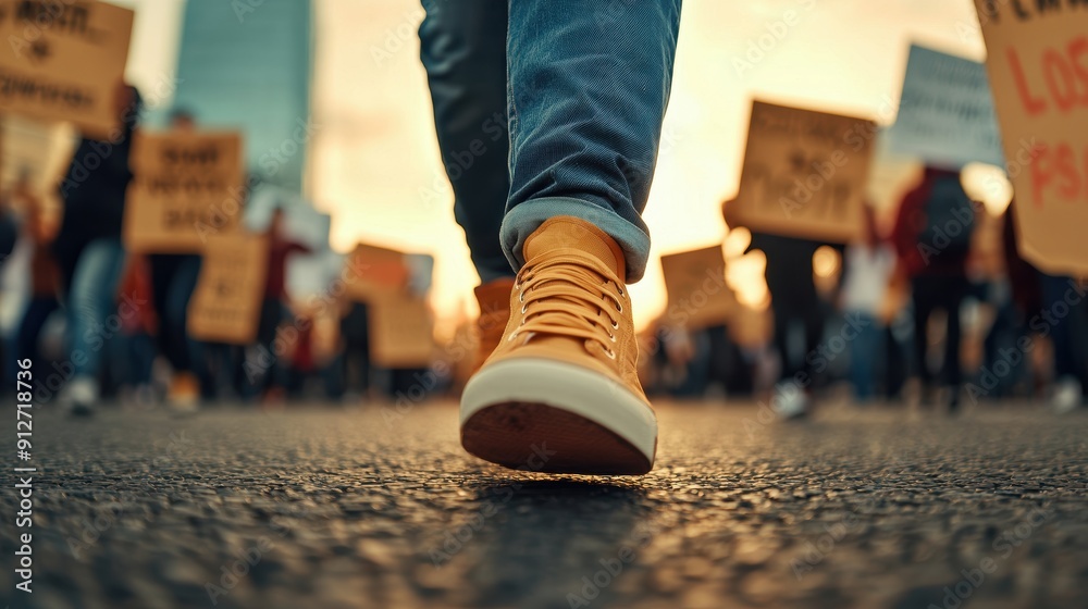 Fototapeta premium A close-up of a yellow sneaker stepping confidently on the pavement during a vibrant protest at sunset.