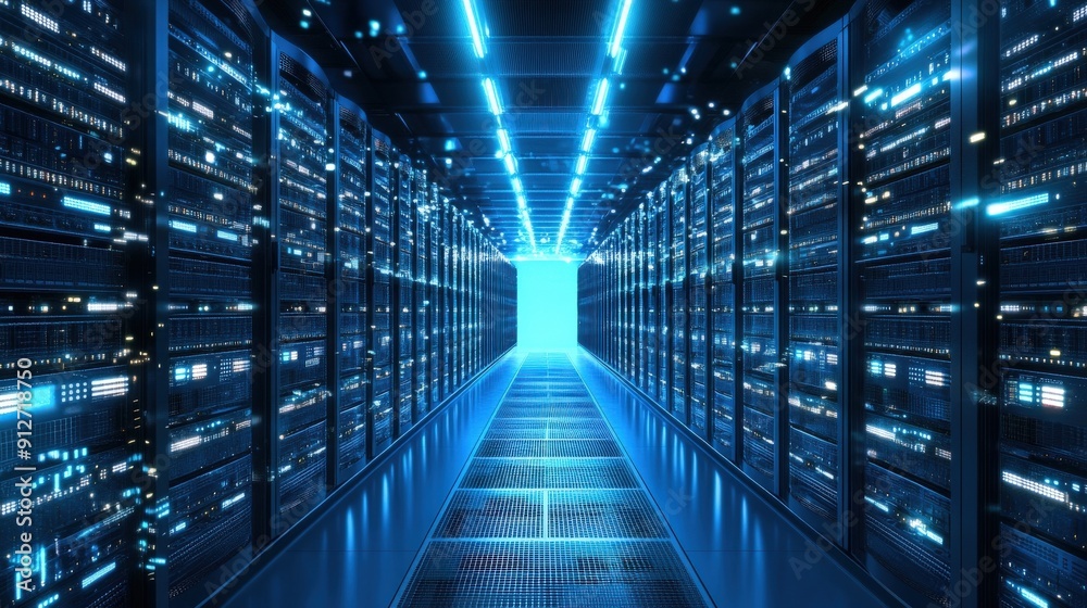 Server Room Corridor with Blue Lights. Server Room Corridor with Blue Lights.
