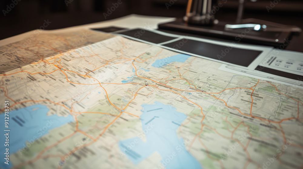 generated illustration of detailed map with various locations and routes. generated illustration of detailed map with various locations and routes.