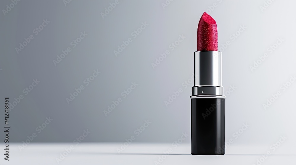 Red lipstick close-up, upright on glossy white background. Red lipstick close-up, upright on glossy white background.