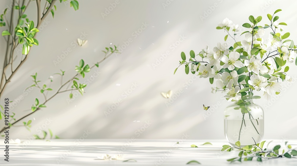 Obraz premium White background, transparent glass vase with white flowers and green leaves, vector illustration style with simple lines, white paper texture background