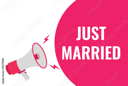 just married button, banner, label, template for website. just married text with colorful megaphone icon
