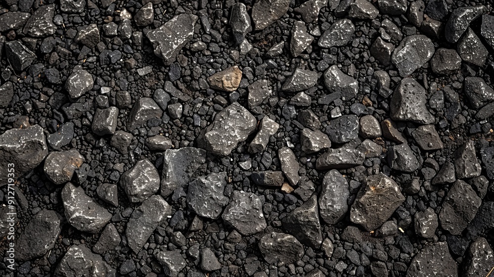 Detailed view of rough black asphalt with grey stones