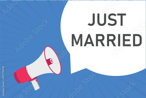 just married button, banner, label, template for website. just married text with colorful megaphone icon
