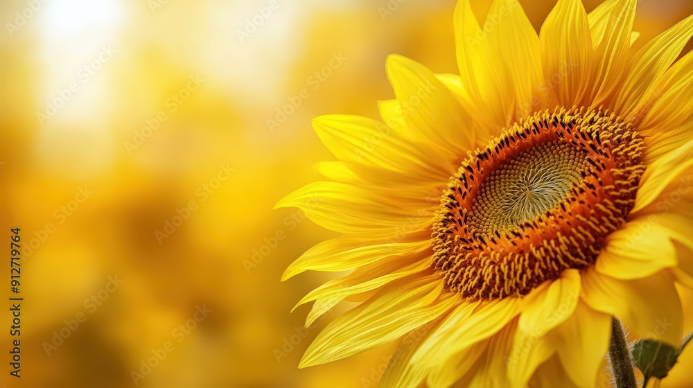 Obraz premium A vibrant sunflower showcasing its radiant yellow petals against a warm, blurred background, symbolizing beauty and joy.