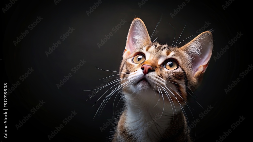 Close-up of a curious cat looking up, isolated on black background and lit from above, cat, feline, close-up, whiskers Close-up of a curious cat looking up, isolated on black background and lit from above, cat, feline, close-up, whiskers